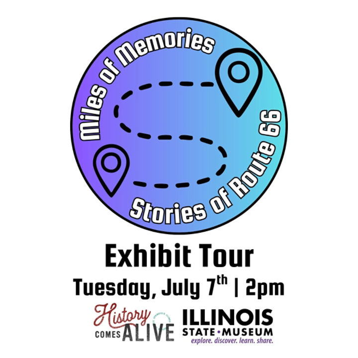  Blue circle with location markers connected by a curved, jotted line. Reading: Miles of Memories: Stories of Route 66; Exhibit Tour; Tuesday, July 7th at 2pm.